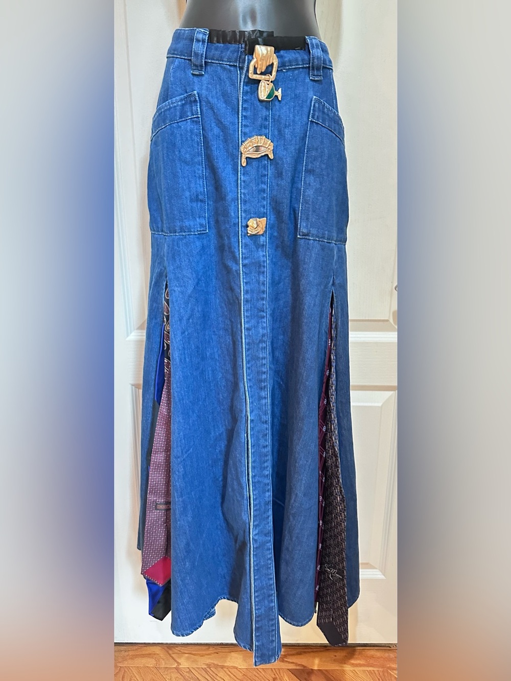 Upcycled urban revivo made Denim Maxi Skirt set with tie detail size XL/14 - Picture 2 of 3
